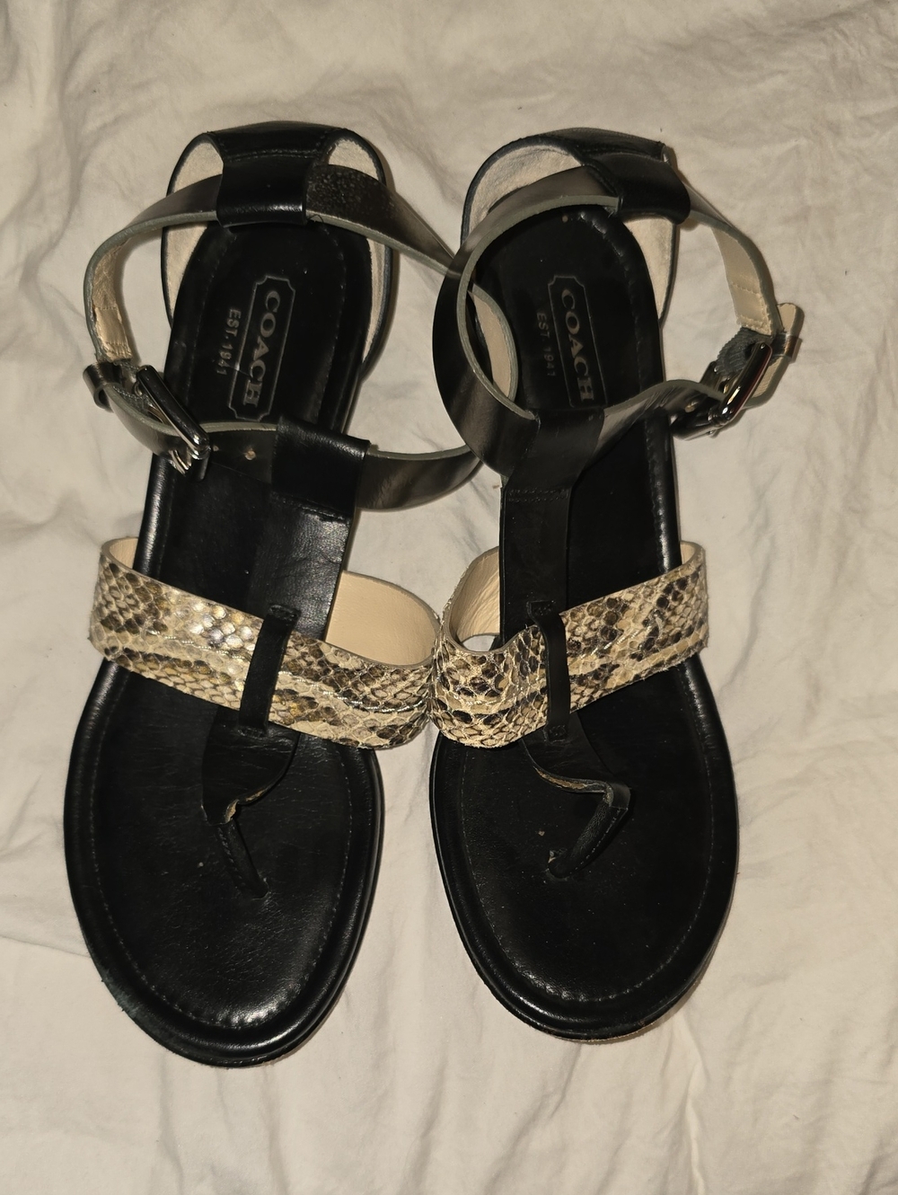 Coach Black Sandals with Snake-Print Strap